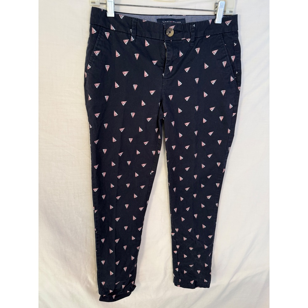 Tommy Hilfiger Womens Navy Sailboat Print Chino Pants Size 2 Nautical Preppy